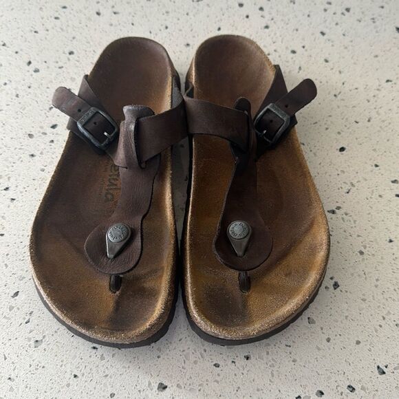 Betula by Birkenstock Gizeh EU37 / US 7 Brown Leather Thong T Strap Sandals GUC - Picture 1 of 10